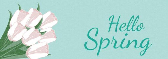 Hello spring floral banner with soft pastel tulips and elegant typography on a light turquoise background. Minimalist abstract nature art shapes collection. Pastel color design vector