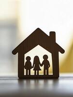 simple wooden house silhouette with cut out family figures symbolizes home and togetherness photo