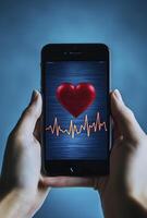 Close up of hands holding smartphone displaying heart and heartbeat graphic, symbolizing health and technology photo