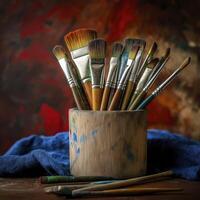 wooden brush holder filled with colorful art brushes, showcasing creativity and artistry photo