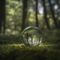 glass sphere reflects trees in serene forest setting, surrounded by lush moss. tranquil atmosphere evokes sense of peace and connection to nature photo