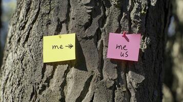 Two sticky notes on tree, one yellow with arrow pointing to me and pink note saying us, symbolizing connection and individuality photo