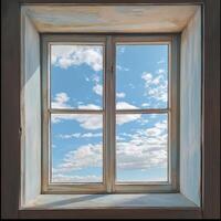 window frame reveals bright blue sky with fluffy clouds, creating serene atmosphere photo