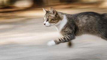cat running swiftly in blurred background, showcasing its agility and speed photo