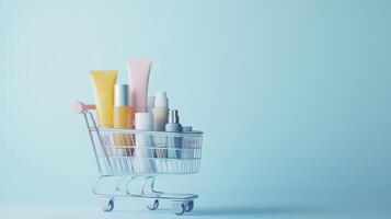 Shopping cart filled with various beauty products against soft blue background photo