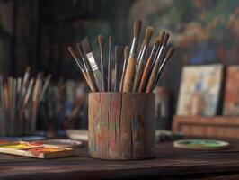 wooden brush holder filled with various painting brushes, showcasing creativity and artistry photo