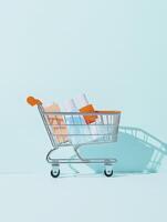 empty shopping cart with cosmetics against light blue background evokes sense of minimalism and beauty shopping photo