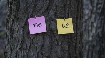 Two sticky notes on tree, one pink with me and one yellow with us, symbolizing connection and individuality photo