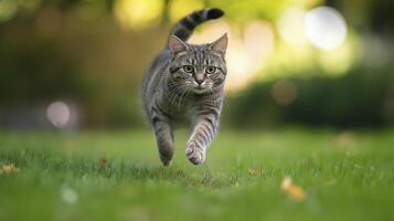 playful cat runs gracefully across lush green lawn, showcasing its agility and curiosity photo