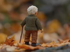 miniature figurine of old man with brown pants and walking stick, surrounded by autumn leaves, evokes sense of nostalgia photo