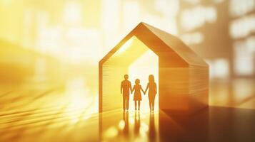 simple wooden house with silhouette of two parents and child, symbolizing family and warmth photo