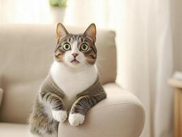 gray and white tabby cat with green eyes sits on cozy sofa, looking surprised and curious. soft lighting creates warm atmosphere photo