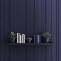 navy blue wall with fluted pattern features shelf displaying books and plants, creating serene and stylish atmosphere photo