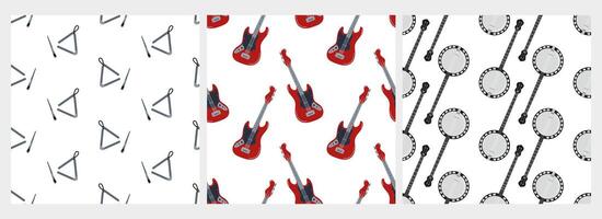 Patterns featuring musical instruments and geometric shapes in vibrant colors vector