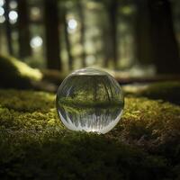 glass sphere reflects serene forest scene, showcasing nature beauty. vibrant greens and soft light create tranquil atmosphere photo