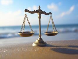 Golden scales of justice on sandy beach with ocean waves in background, symbolizing balance and fairness photo