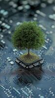 a green tree growing on an electronic circuit board symbolizes nature and technology photo