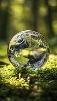glass sphere containing Earth rests on vibrant green moss, symbolizing nature beauty and fragility photo