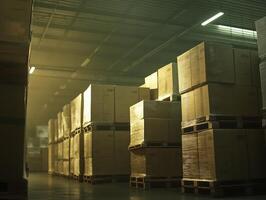 Stacks of boxes on pallets in warehouse, illuminated by soft light, create serene industrial atmosphere photo