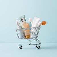 Shopping cart filled with skincare products against light blue background, showcasing variety of bottles and tubes photo