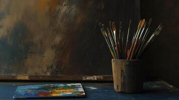 a wooden brush holder filled with colorful art brushes, showcasing creativity and artistry photo