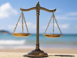 Golden scales of justice on beach, symbolizing balance and fairness in life photo