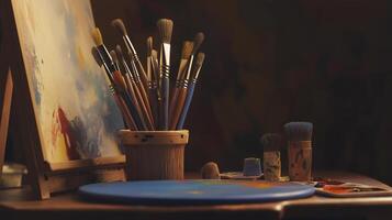 wooden brush holder filled with colorful art brushes on creative workspace. vibrant colors and tools inspire artistic expression photo