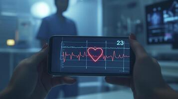 person holding smartphone displaying ECG monitor with heart rate graph, while medical professional is in background photo
