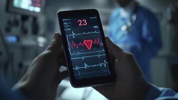 ECG monitor displaying heart rate on smartphone in medical setting, showcasing technology and healthcare photo