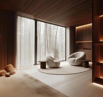 minimalist modern interior featuring wooden wall, round rug, and cozy seating. serene atmosphere is enhanced by natural light and view of trees photo