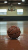 basketball resting on floor of indoor gym, capturing essence of sports and teamwork photo