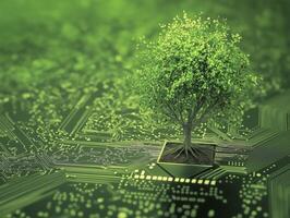tree growing on electronic circuit board symbolizes nature and technology. This unique blend highlights sustainability and innovation photo