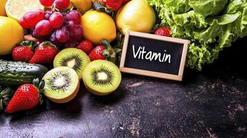 Fresh fruits and vegetables including grapes, lemons, and lettuce, showcasing health benefits photo