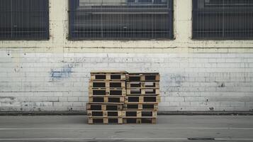 Stack of wooden pallets against textured wall, showcasing industrial storage photo