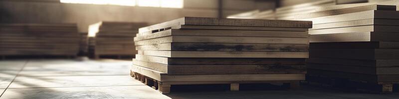 Stacks of wooden pallets in industrial warehouse, showcasing organized storage and spacious environment photo