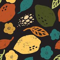 a pattern with fruit and leaves on a black background vector