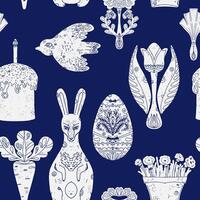 easter seamless pattern with flowers, eggs and rabbits vector