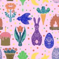 a pattern with rabbits, eggs and other items vector