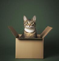 Curious cat sitting in cardboard box. Serene expression photo