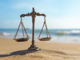 Golden scales of justice on beach, symbolizing balance and fairness in serene setting photo