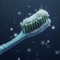Teal toothbrush with green bristles covered in frost, creating wintery feel photo