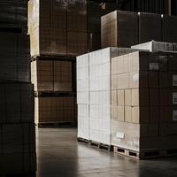 Large boxes stacked on pallets in industrial warehouse, showcasing organized storage and efficient logistics photo