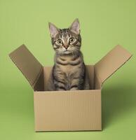 Curious kitten in box green background photo