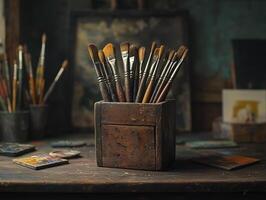 wooden brush holder filled with various painting brushes on rustic table, surrounded by art supplies, creating creative atmosphere photo