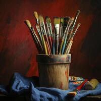 wooden brush holder filled with colorful art brushes, showcasing creativity and artistic expression photo