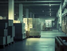 Boxes stacked on pallets in industrial warehouse, illuminated softly photo