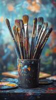 anArtistic brush holder filled with colorful paintbrushes, showcasing creativity and inspiration photo