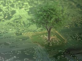 a tree growing on electronic circuit board symbolizes nature and technology merging harmoniously photo