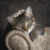 beautiful short haired cat with gray and white stripes rests elegantly on couch, adorned with pearl crown, exuding charm and grace photo