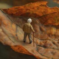elderly man with walking stick stands on large leaf, surrounded by autumn colors. scene evokes sense of tranquility and nature beauty photo